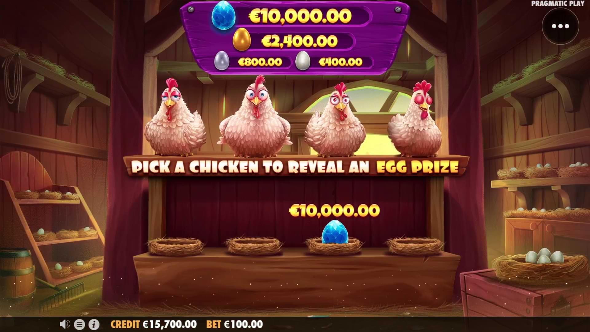 A pick-and-win bonus screen in a barn layout with four cartoon hens sitting on a wooden shelf above nests, text prompting the player to pick a chicken to reveal an egg prize in the Chicken Chase slot from Pragmatic Play.